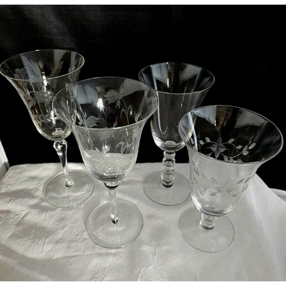 Mismatched Wine Glassware Collection set/4 vintage etched mixed cocktail glasses - Picture 2 of 10